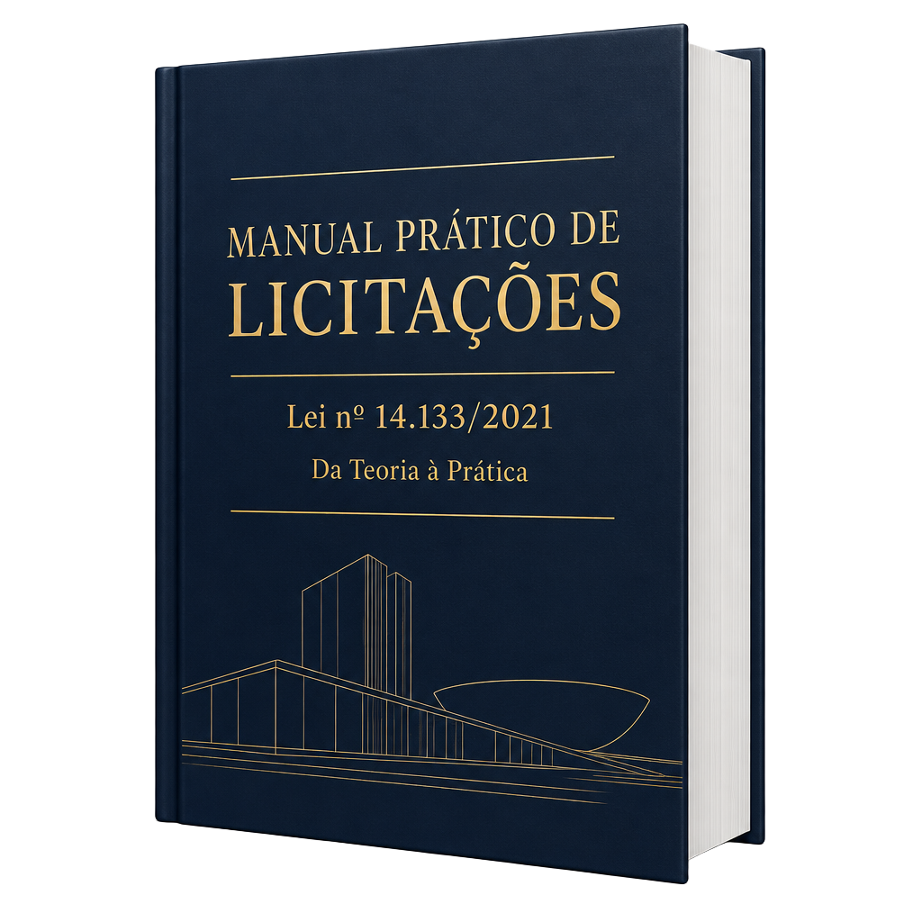 Mockup do Manual Prático de Licitações, capa azul-marinho com detalhes dourados